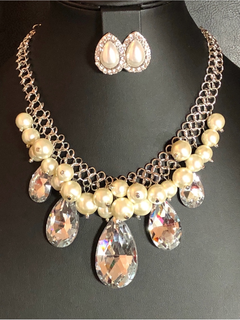 Silver Statement Bib Necklace Crystal Faux Pearl Chainmail +Earrings
